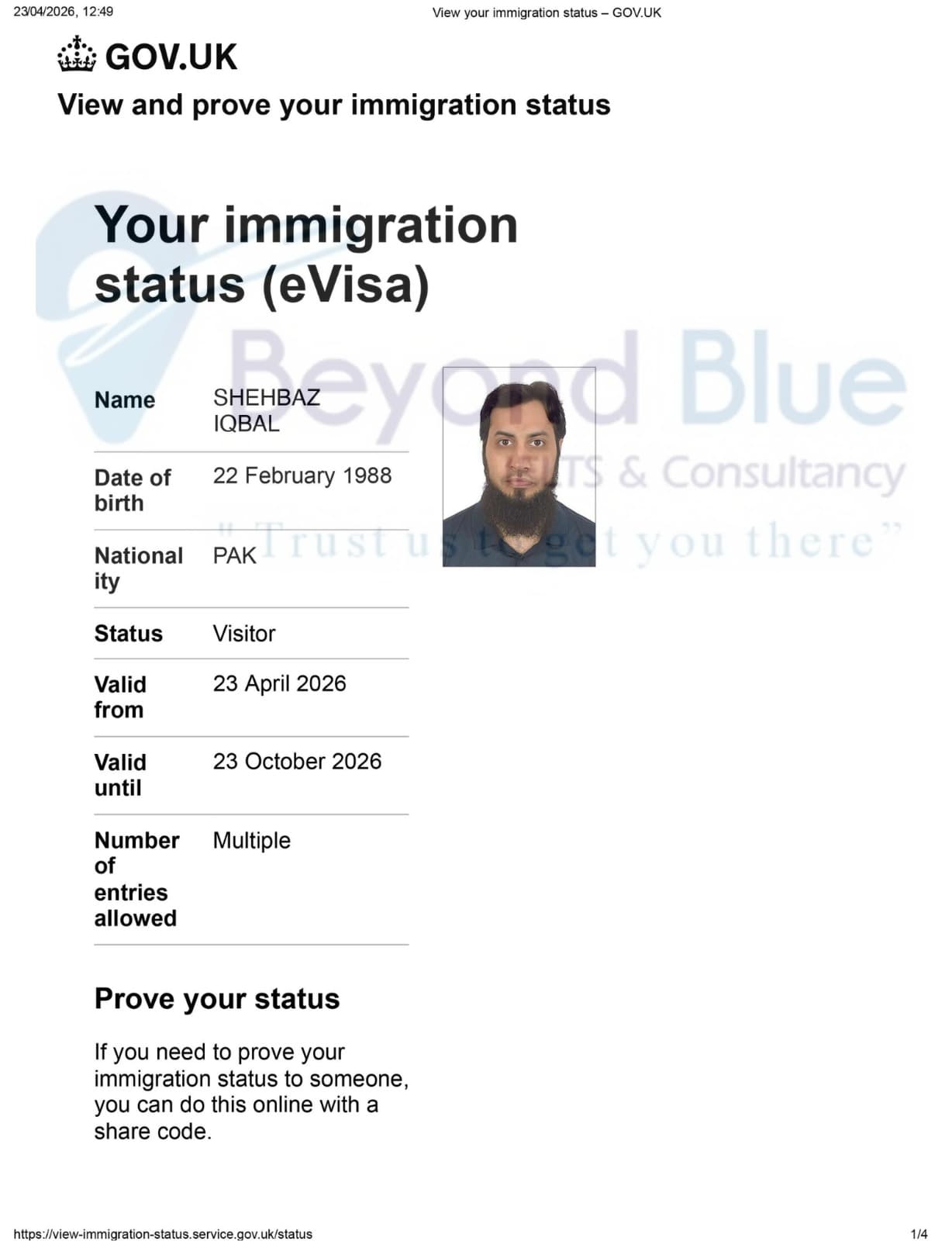 UK eVisa approved — United Kingdom — Beyond Blue client