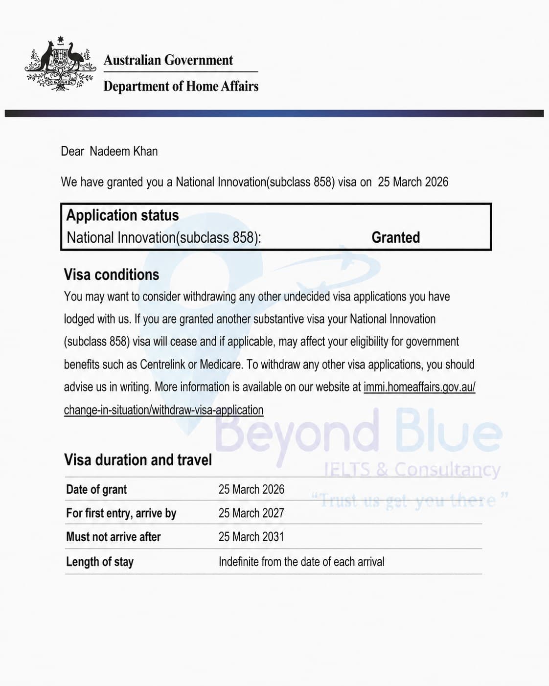 Australia Subclass 858 approved — Australia — Beyond Blue client