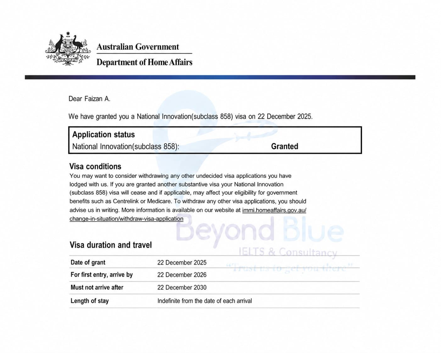 Australia Subclass 858 approved — Australia — Beyond Blue client