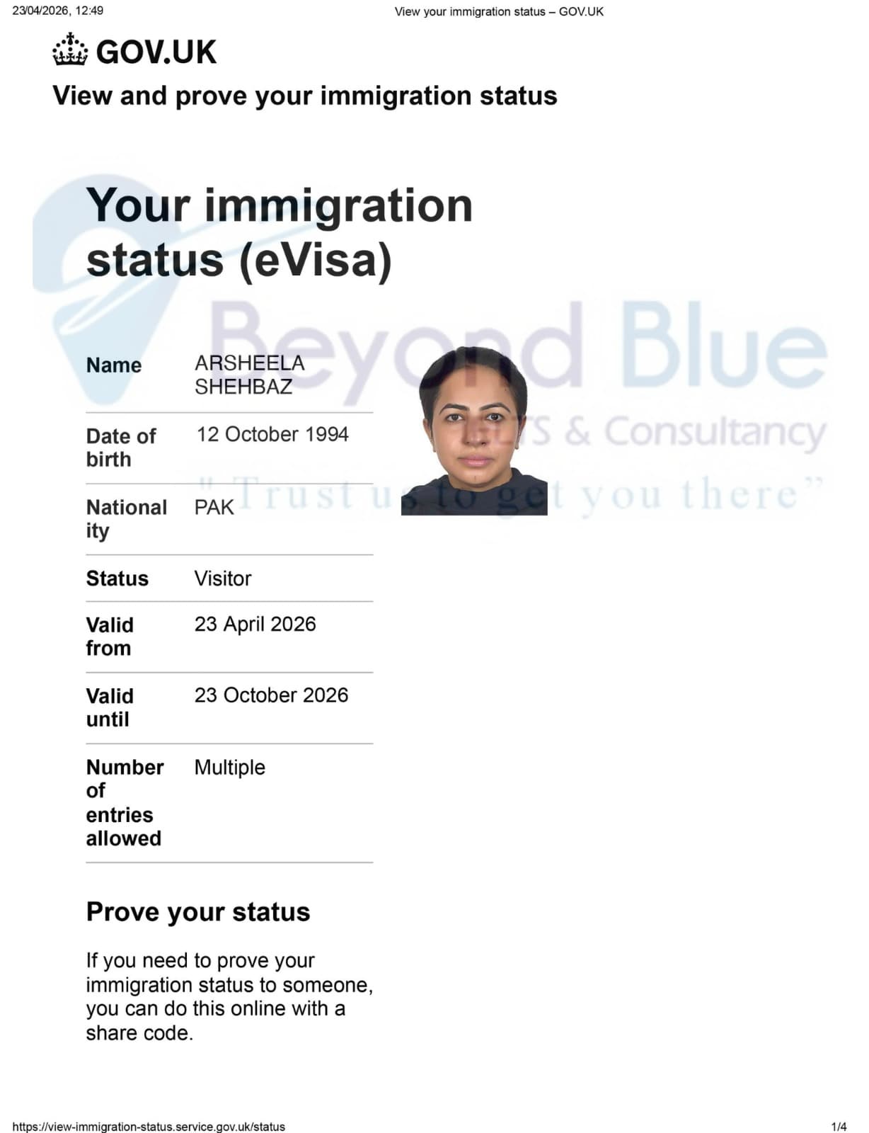 UK eVisa approved — United Kingdom — Beyond Blue client